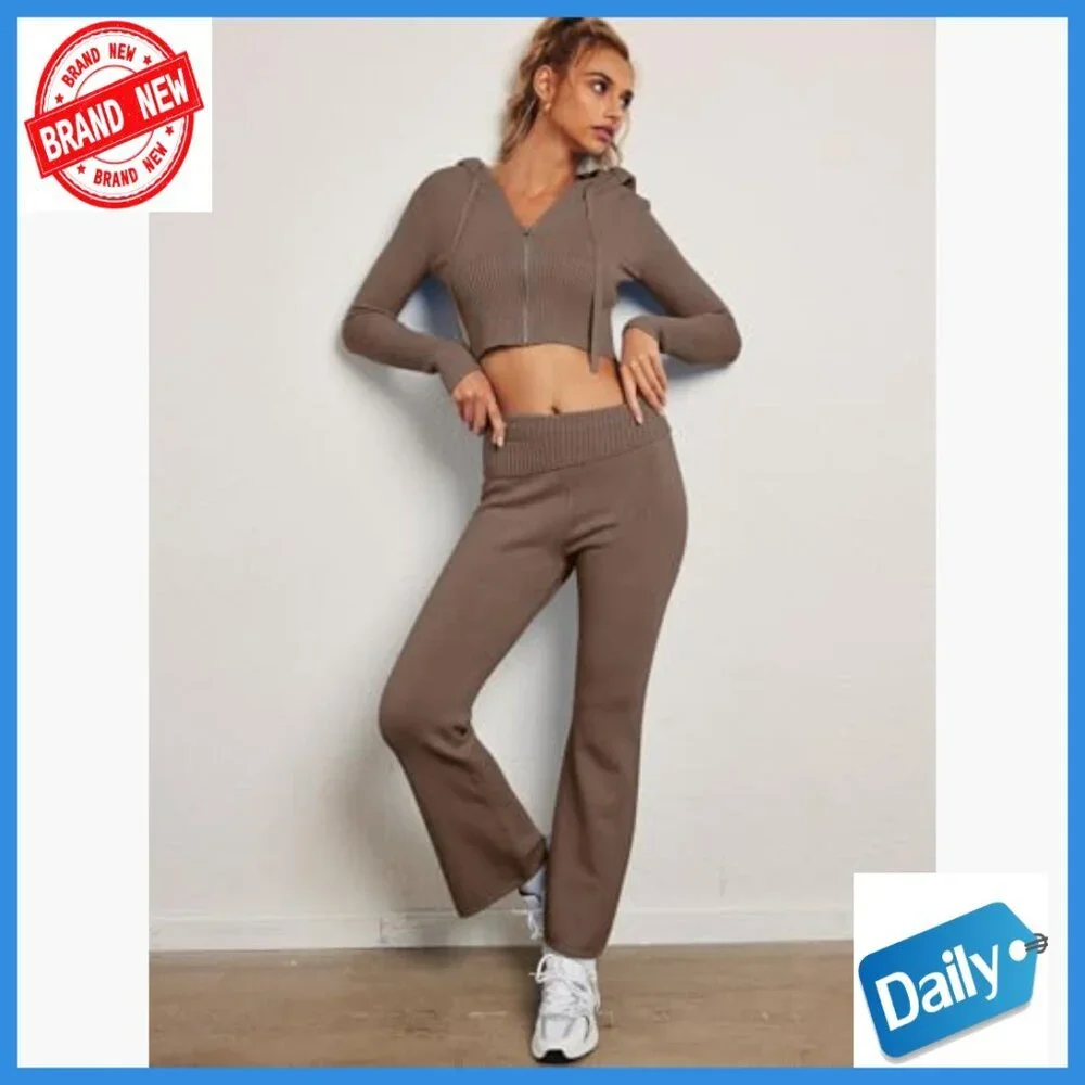 Slim Fit Zip Hoodie Flare Leg Pants Set Medium Ribbed Knit Sweatsuit
